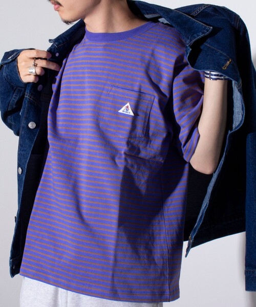 GEVACO(ゲバコ)の「【GEVACO/ゲバコ】クルーネック ボーダーTシャツ ワンポイントロゴ ポケT(Tシャツ/カットソー・メンズ・パープル/グレー/グリーン/アイボリー・M/L)」の4枚目の写真