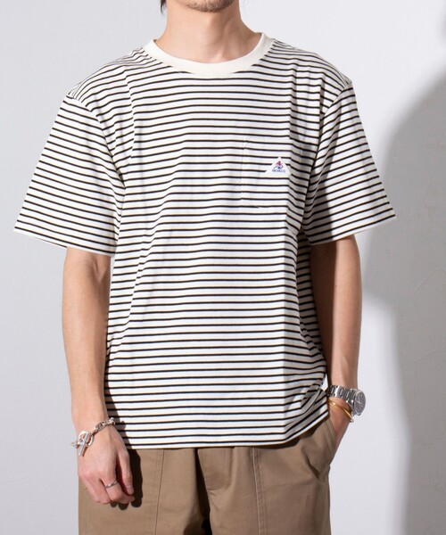 GEVACO(ゲバコ)の「【GEVACO/ゲバコ】クルーネック ボーダーTシャツ ワンポイントロゴ ポケT(Tシャツ/カットソー・メンズ・パープル/グレー/グリーン/アイボリー・M/L)」の8枚目の写真