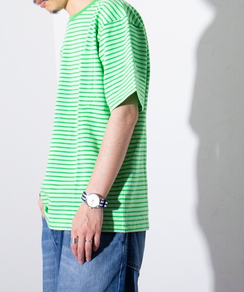 GEVACO(ゲバコ)の「【GEVACO/ゲバコ】クルーネック ボーダーTシャツ ワンポイントロゴ ポケT(Tシャツ/カットソー・メンズ・パープル/グレー/グリーン/アイボリー・M/L)」の16枚目の写真