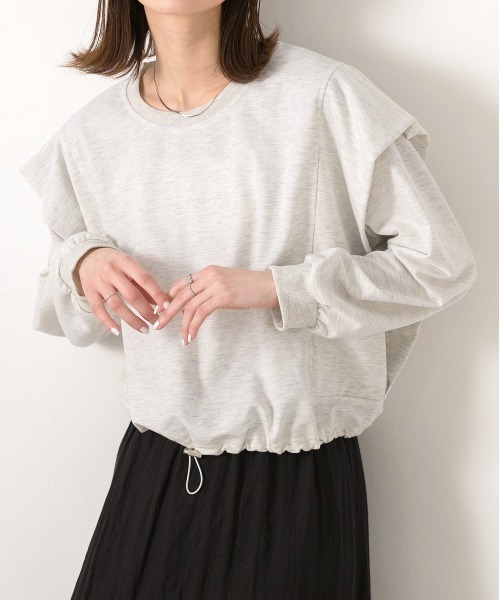 ad thie(アドティエ)の「裾ドロストタックショルダー トップス(Tシャツ/カットソー・レディース・ブラック/オートミール・FREE)」の1枚目の写真