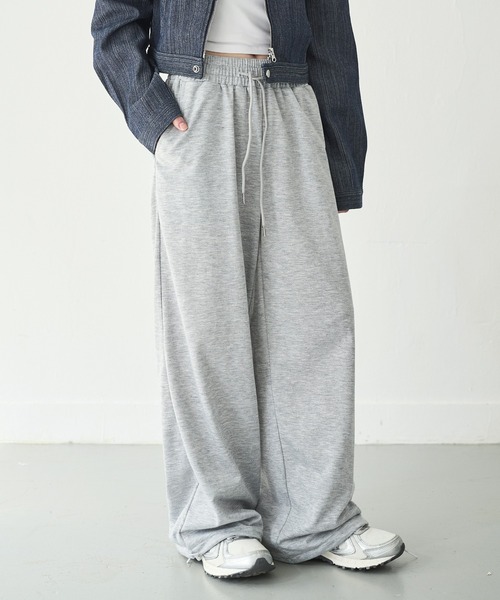 UNE MANSION（ユヌマンション）の「【通気性抜群春夏バージョン登場！】【男女兼用/UNISEX】【パンツストリングで調節可能】足長美脚シルエットワイドストレートストリングスウェットパンツ（スウェットパンツ・レディース・ピンク/ライトグレー/ブルー/グレー/ブラック・FREE）」の3枚目の写真