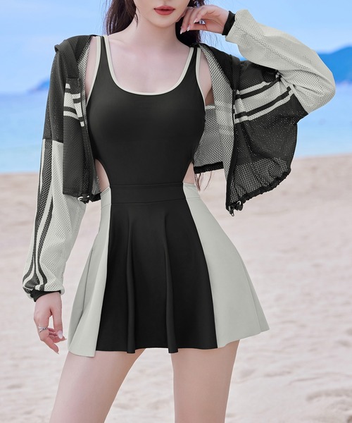 セール】レディース水着 半袖バイカラーフードパーカー+フレアワンピ風