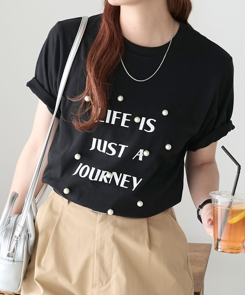 BONLECILL（ボンルシール）の「パール付きBIGロゴTシャツ（Tシャツ/カットソー・レディース・ブラック/オフホワイト・FREE）」の2枚目の写真