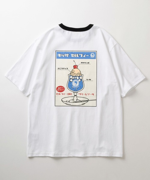 TIMELY WARNING（タイムリーワーニング）の「「Selfie Freak」クリームソーダレトロイラスト カラフルロゴ刺繍＆バックBIGプリントデザイン ビッグシルエット 半袖Tシャツ/リンガーT（Tシャツ/カットソー・レディース・ブラック/ホワイト×レッド/ホワイト×グリーン/ホワイト×ブラック/ダークグリーン/オフホワイト/ホワイト・M/L/XL）」の16枚目の写真