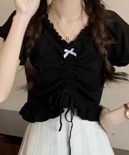 ｔｏｌｅｎｅ（トレネ）の「【細見え】フロントリボンシャーリングクロップドトップス（Tシャツ/カットソー・レディース・ブラック/ホワイト・FREE）」の10枚目の写真