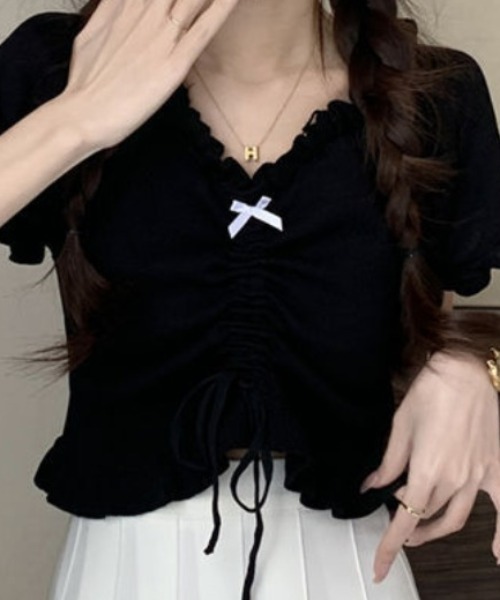 ｔｏｌｅｎｅ（トレネ）の「【細見え】フロントリボンシャーリングクロップドトップス（Tシャツ/カットソー・レディース・ブラック/ホワイト・FREE）」の13枚目の写真