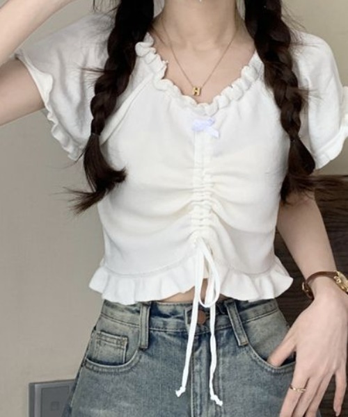 ｔｏｌｅｎｅ（トレネ）の「【細見え】フロントリボンシャーリングクロップドトップス（Tシャツ/カットソー・レディース・ブラック/ホワイト・FREE）」の7枚目の写真