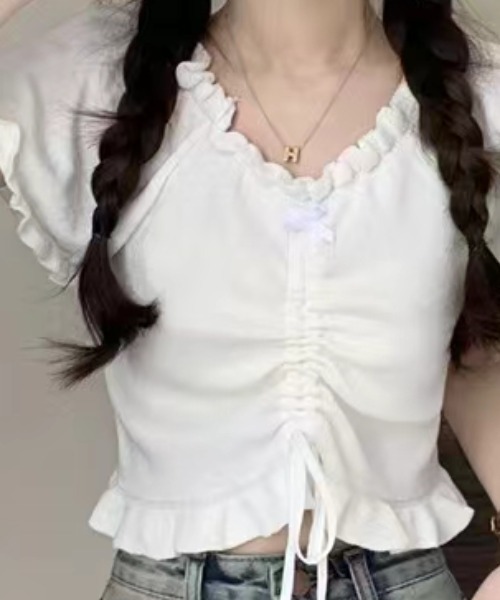 ｔｏｌｅｎｅ（トレネ）の「【細見え】フロントリボンシャーリングクロップドトップス（Tシャツ/カットソー・レディース・ブラック/ホワイト・FREE）」の9枚目の写真