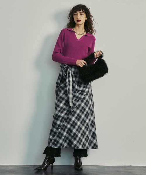 【よるさま】AULAREE リブ ポロニット ブルー レディース size1 セール】 【洗える】SOFT TOUCH WOOL リブ切り替え ニット