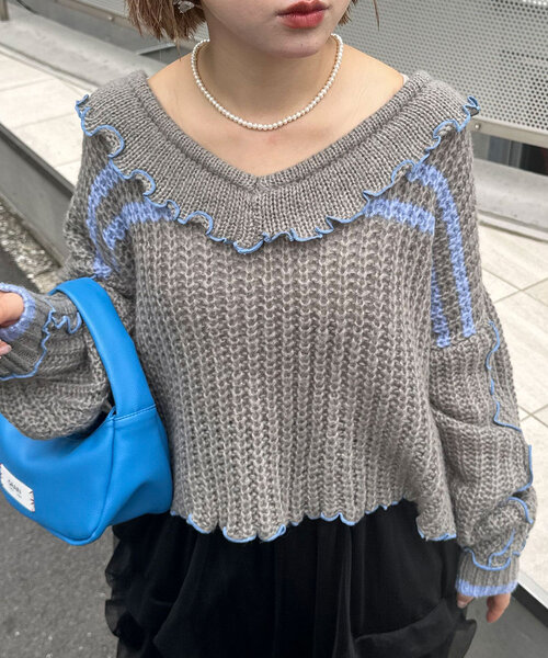 CIAOPANIC（チャオパニック）の「フリルメローラインショートニット（ニット/セーター・レディース・ブラウン/ベージュ/オフホワイト/グレー/ブルー・ONE SIZE）」の3枚目の写真