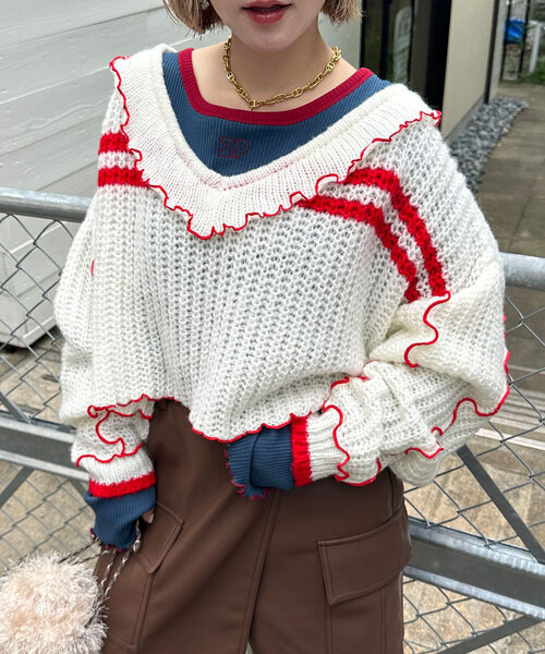 chinatsu aoyama ニット セーター リメイク フリル ショート丈 chinatsu aoyama ニット セーター リメイク フリル ショート丈 【公式