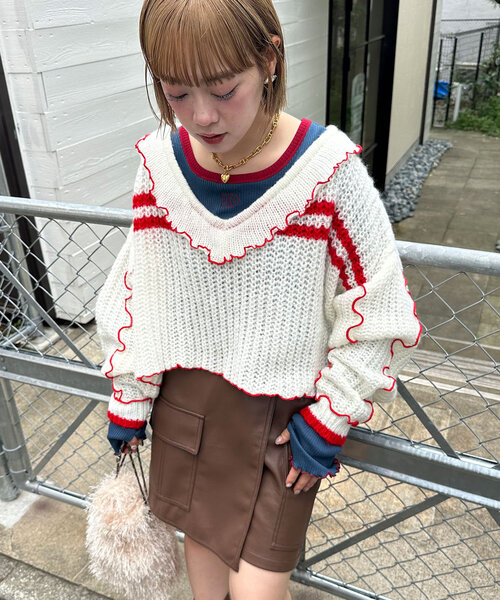 CIAOPANIC（チャオパニック）の「フリルメローラインショートニット（ニット/セーター・レディース・ブラウン/ベージュ/オフホワイト/グレー/ブルー・ONE SIZE）」の13枚目の写真