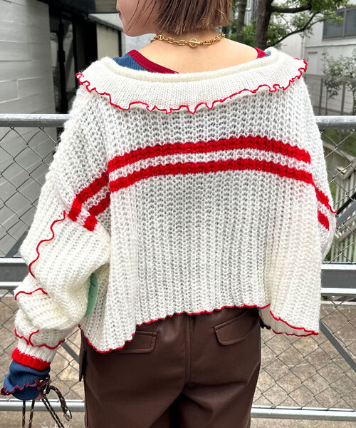 CIAOPANIC（チャオパニック）の「フリルメローラインショートニット（ニット/セーター・レディース・ブラウン/ベージュ/オフホワイト/グレー/ブルー・ONE SIZE）」の14枚目の写真