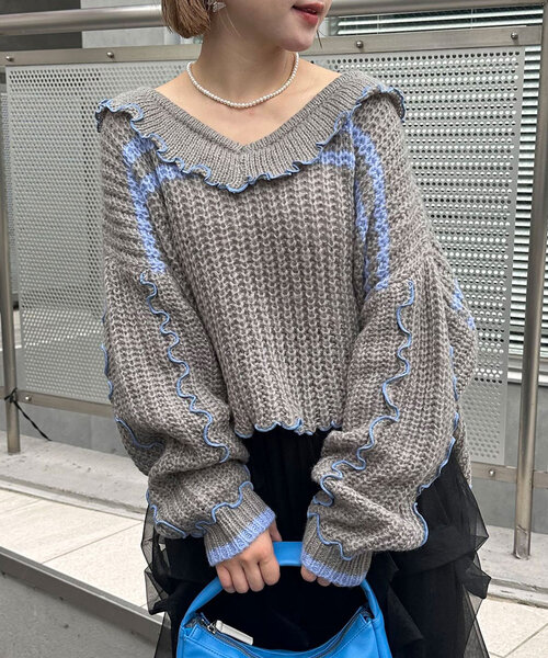 CIAOPANIC（チャオパニック）の「フリルメローラインショートニット（ニット/セーター・レディース・ブラウン/ベージュ/オフホワイト/グレー/ブルー・ONE SIZE）」の18枚目の写真