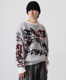 Jacquard brushed crew neck knit / 総柄ジャガード起毛クルーネックニット unisex