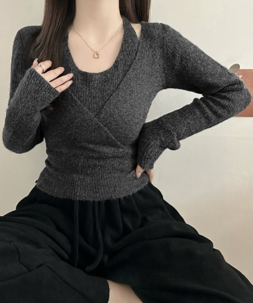 Miniministore（ミニミニストア）の「レイヤードニットトップス ホルターネック（ニット/セーター・レディース・ブラック/アイボリー/ダークグレー・FREE）」の6枚目の写真