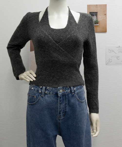 Miniministore（ミニミニストア）の「レイヤードニットトップス ホルターネック（ニット/セーター・レディース・ブラック/アイボリー/ダークグレー・FREE）」の7枚目の写真