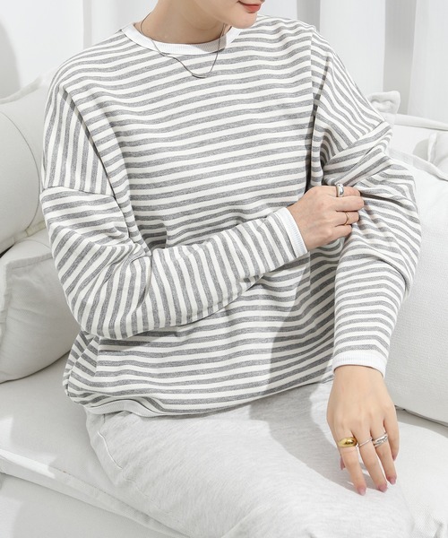 by LEGNA(バイレグナ)の「こなれスタイルを叶える ドロップショルダーボーダーカットソー(Tシャツ/カットソー・レディース・ブラック×ホワイト/ネイビー×ホワイト/ブラック×グレー/グレー×ホワイト/ホワイト×ブラウン・MEDIUM/LARGE)」の5枚目の写真