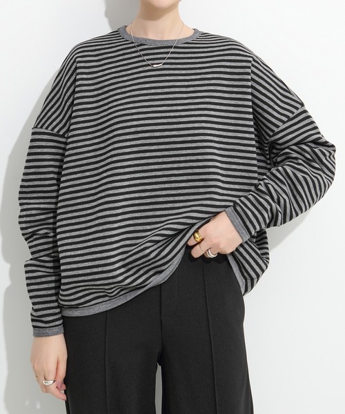 by LEGNA(バイレグナ)の「こなれスタイルを叶える ドロップショルダーボーダーカットソー(Tシャツ/カットソー・レディース・ブラック×ホワイト/ネイビー×ホワイト/ブラック×グレー/グレー×ホワイト/ホワイト×ブラウン・MEDIUM/LARGE)」の3枚目の写真