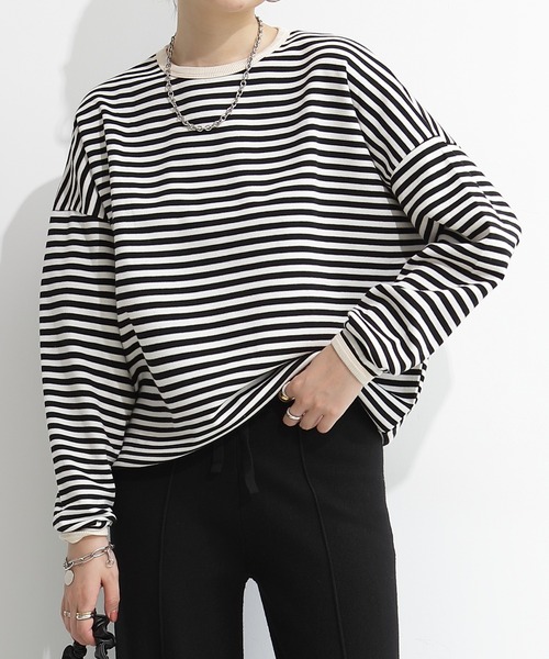 by LEGNA(バイレグナ)の「こなれスタイルを叶える ドロップショルダーボーダーカットソー(Tシャツ/カットソー・レディース・ブラック×ホワイト/ネイビー×ホワイト/ブラック×グレー/グレー×ホワイト/ホワイト×ブラウン・MEDIUM/LARGE)」の7枚目の写真