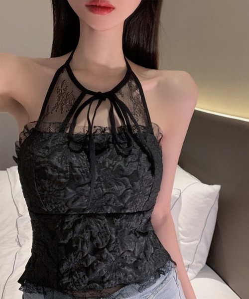 Lace Ladies(レースレディース)の「フリル レース バック シャーリング カップイン キャミソール(キャミソール・レディース・ブラック/ホワイト・FREE)」の1枚目の写真