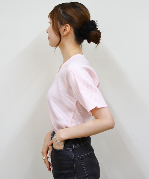 MEYAME(メヤメ)の「MEYAME/メヤメ オブロングネックショートスリーブ OBLONG NECK SHORT SLEEVE(Tシャツ/カットソー・レディース・ホワイト/ブラック/ライトピンク・FREE)」の11枚目の写真