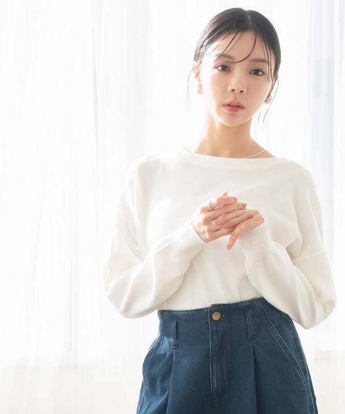Petitjo(プッチージョ)の「小さいサイズ 綿混ドルマンショート丈ニット 低身長さん・小柄女性(ニット/セーター・レディース・ネイビー/ホワイト・M-L/XS-S)」の4枚目の写真