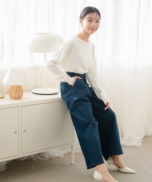 Petitjo(プッチージョ)の「小さいサイズ 綿混ドルマンショート丈ニット 低身長さん・小柄女性(ニット/セーター・レディース・ネイビー/ホワイト・M-L/XS-S)」の10枚目の写真