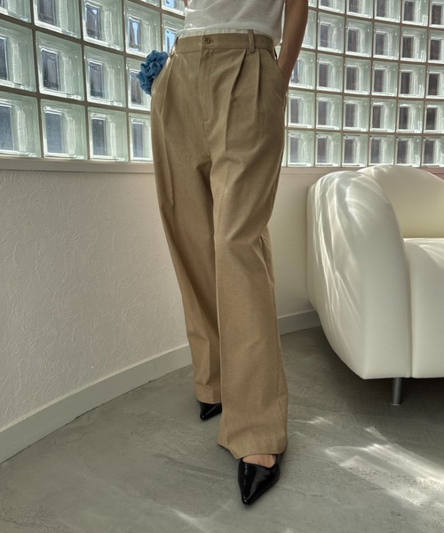 リネンブレンドタックワイドパンツ（スラックス）｜FUULLY