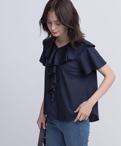 組曲(クミキョク)の「ブラウスライクラッフル カットソー(Tシャツ/カットソー・レディース・ネイビー系/アイボリー系・2/3)」の2枚目の写真