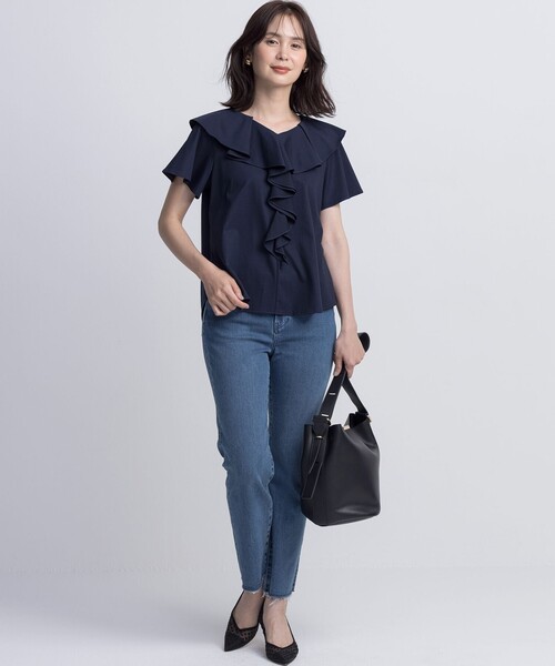 組曲(クミキョク)の「ブラウスライクラッフル カットソー(Tシャツ/カットソー・レディース・ネイビー系/アイボリー系・2/3)」の9枚目の写真