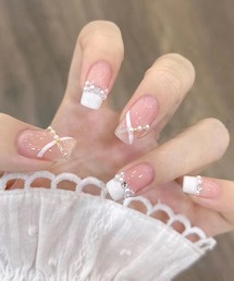 3D バタフライ ビジューライン フレンチ ネイルチップ（ネイルシール