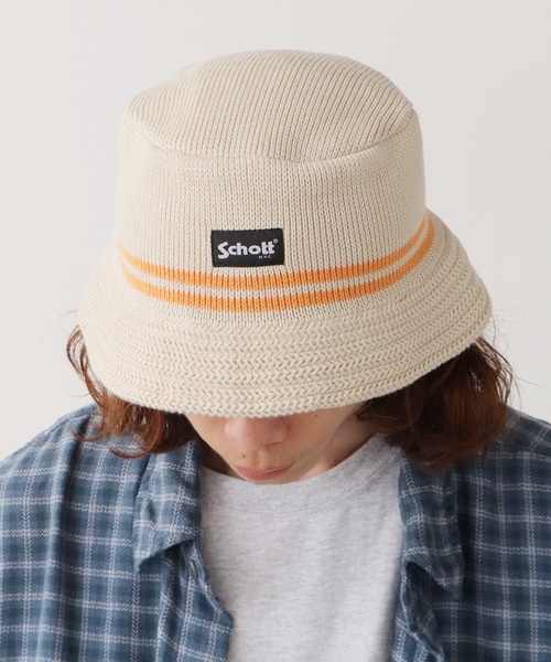 Schott NEW ERA バケットハット Schott N.Y.C ニットハット メンズ ライン入り コットンニット