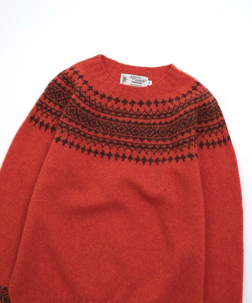 シェットランド　セーター　ノルディック柄　肉厚ピュアウール100%　XL〜XXL セール】[NOR' EASTERLY] CREW 2TONE NORDIC / シェットランドウール
