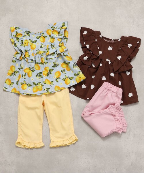 apres les cours(アプレレクール)の「【リンク/ジュニア対応】ハート・レモン柄フリルセットアップ(セットアップ・キッズ・サックスブルー/ブラウン・80/90/100/110/120/130/140)」の9枚目の写真