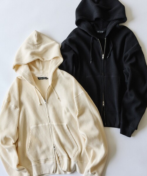 BEAMS T（ビームスティー）の「BEAMS T / Waffle Full Zip Hoodie  ワッフル フル ジップ フーディー（パーカー・メンズ・ブラック/ナチュラル・XL/L/M/S）」の7枚目の写真