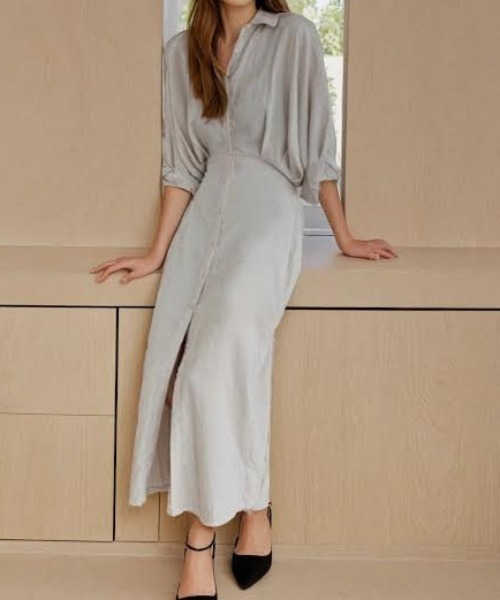 cammie(キャミー)の「ドルマンシャツワンピース(シャツワンピース・レディース・アイボリー/ブラック・M/L)」の6枚目の写真