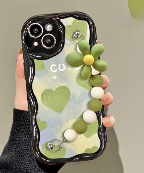 セール】【OKUOKU 0909】グリーンハート＆花チャーム付き iPhoneケース