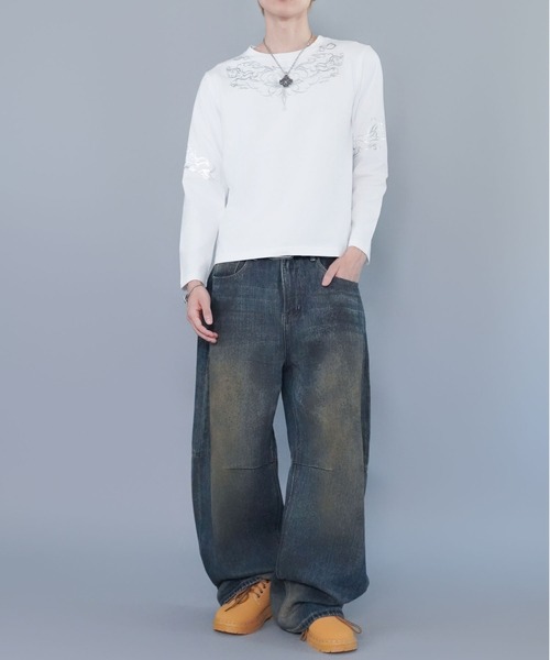 SPINNS(スピンズ)の「短丈ロングスリーブTシャツ/トライバルデザイン/ロンT/ショート丈(Tシャツ/カットソー・メンズ・ブラック/ホワイト・ONESIZE)」の7枚目の写真
