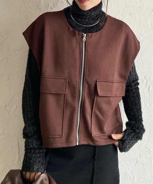 セール】ショート丈フラップポケット付きフロントジップベスト（ベスト