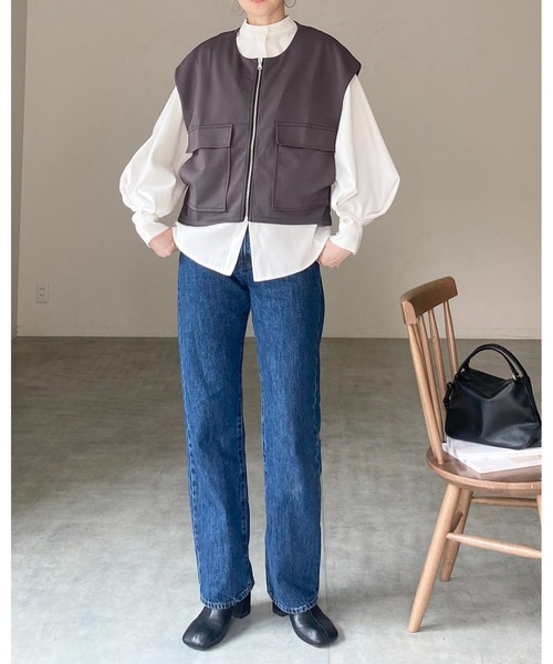 セール】ショート丈フラップポケット付きフロントジップベスト（ベスト