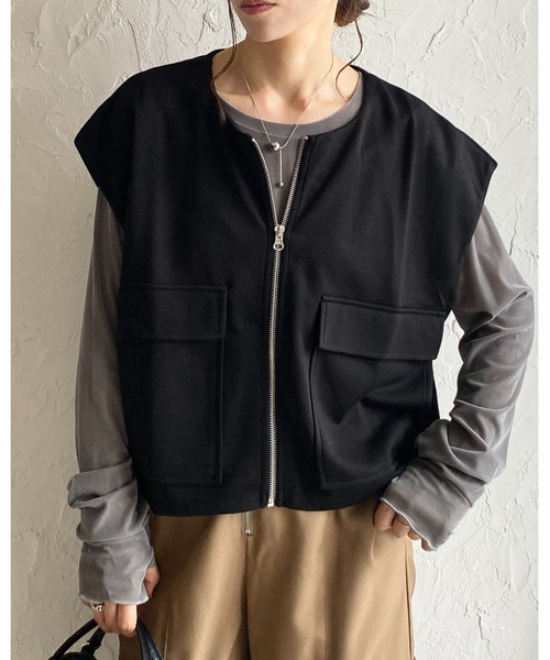 セール】ショート丈フラップポケット付きフロントジップベスト（ベスト