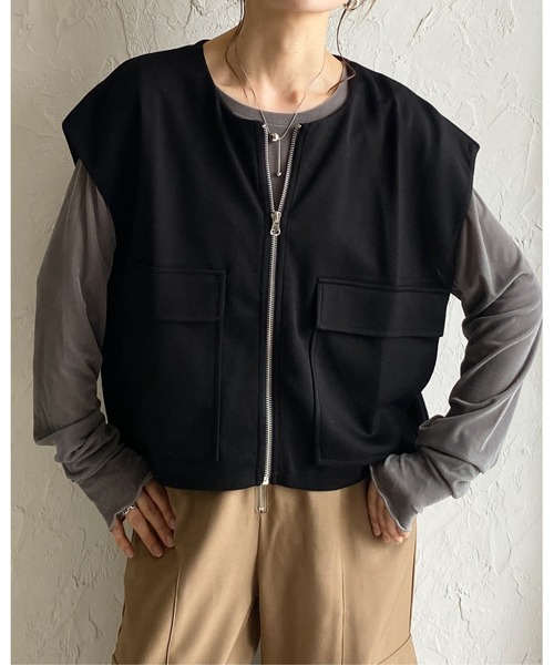 セール】ショート丈フラップポケット付きフロントジップベスト（ベスト