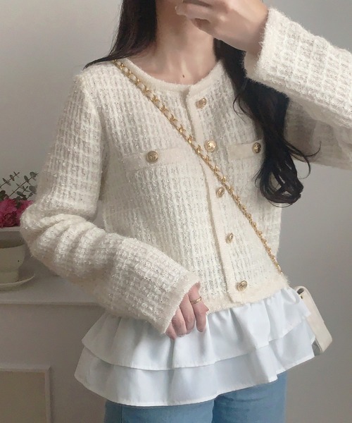 LAUIR(ラウアー)の「ペプラムツイードニットトップス(ニット/セーター・レディース・ブラック/ホワイト/グレー・MEDIUM/LARGE)」の2枚目の写真