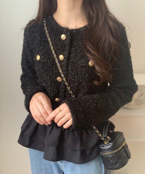 LAUIR(ラウアー)の「ペプラムツイードニットトップス(ニット/セーター・レディース・ブラック/ホワイト/グレー・MEDIUM/LARGE)」の1枚目の写真