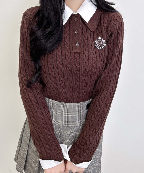 INGNI（イング）の「ダブルカラーケーブルポロニット（ニット/セーター・レディース・ネイビー系8/ブラウン系6/ワイン系2/グレー×ホワイト・M）」の3枚目の写真