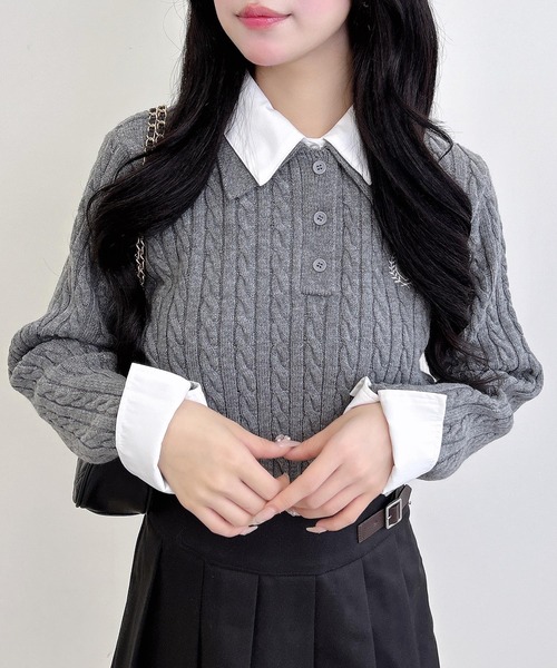 INGNI（イング）の「ダブルカラーケーブルポロニット（ニット/セーター・レディース・ネイビー系8/ブラウン系6/ワイン系2/グレー×ホワイト・M）」の2枚目の写真