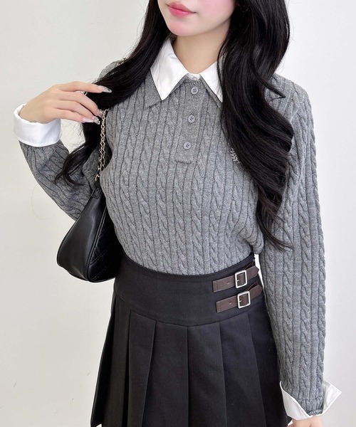 INGNI（イング）の「ダブルカラーケーブルポロニット（ニット/セーター・レディース・ネイビー系8/ブラウン系6/ワイン系2/グレー×ホワイト・M）」の5枚目の写真