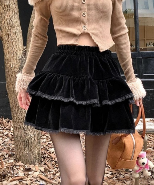 セール】Aライン フリフリ レースベロア ダブルレイヤード スカート
