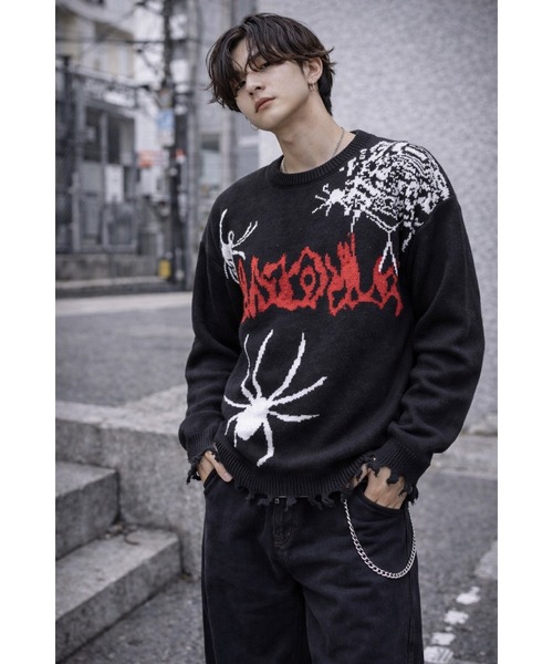 Bling Leads(ブリングリーズ)の「【Bls】【Bling Leads】スパイダー柄ジャガードダメージニット(ニット/セーター・メンズ・ホワイト/ブラック・FREE)」の1枚目の写真
